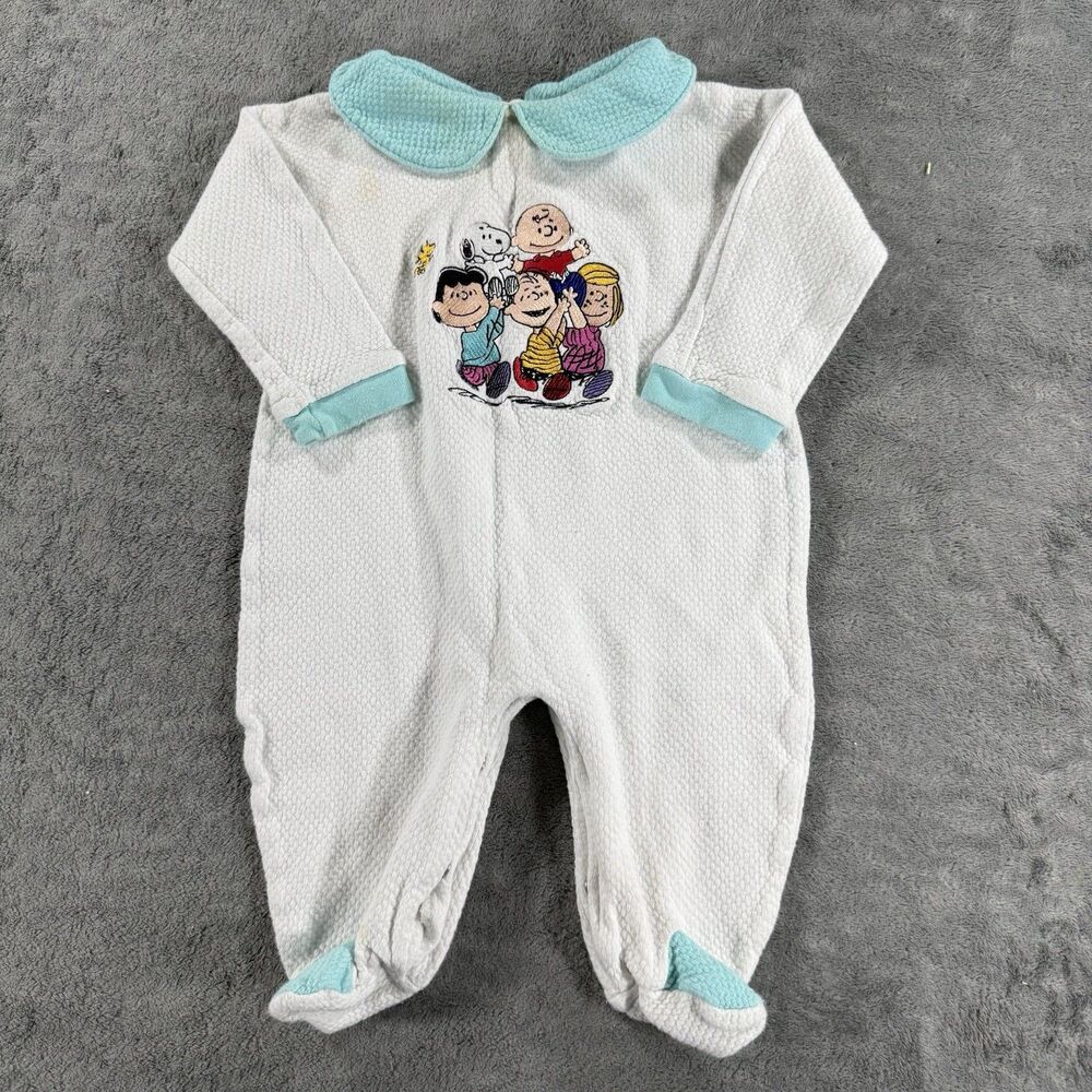 VTG Peanuts Snoopy Charlie‎ And Friends Embroidered Collared One Piece 6 Months